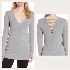 Trouve Vneck Tunic Lace Up Back Sweater, available in 2 colors